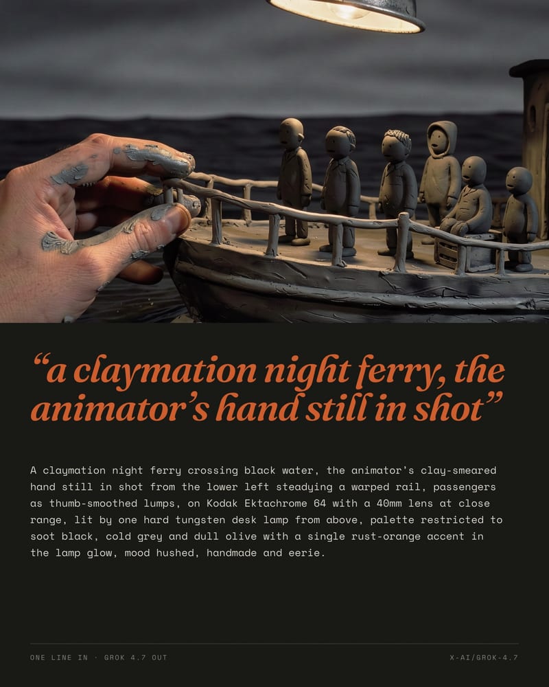 Clay ferry with clay passengers and an animator's clay-smeared hand, above the one-line idea and the image prompt Grok 4.7 wrote
