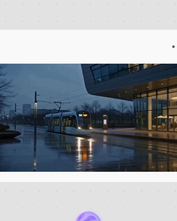 LTX Extend result preview showing a pale blue tram continuing through a rainy civic square