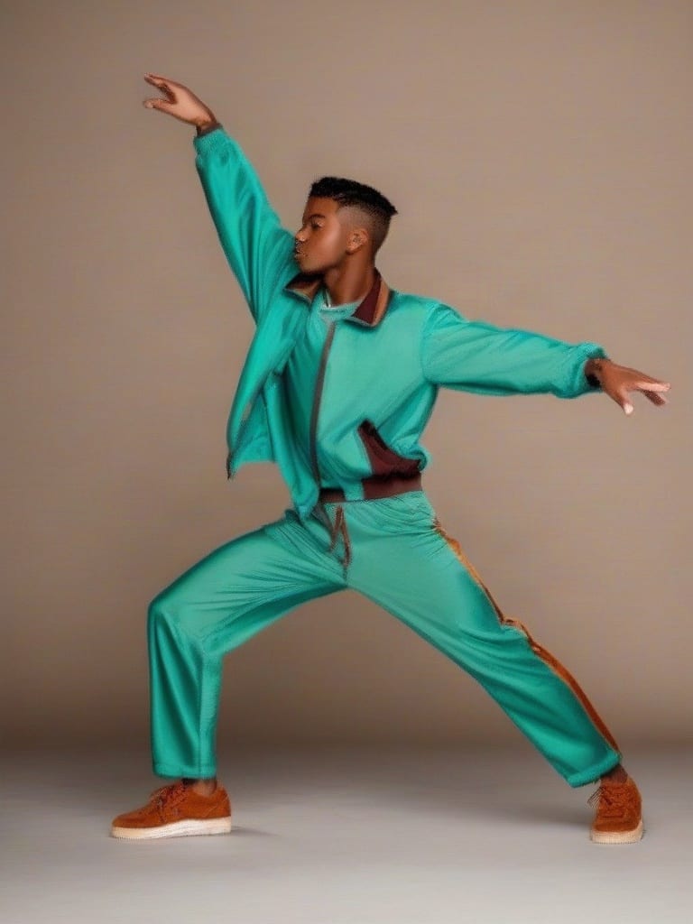 Dancer in teal clothing holding a wide lunge with outstretched arms, rendered from pose outlines.