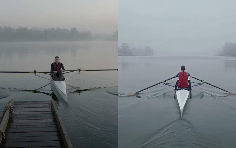 Same prompt, same moment: Kling 4.0 (left) rows away facing the stern as rowers do; Kling 3.0 (right) rows away facing the bow, on a misty lake at dawn.