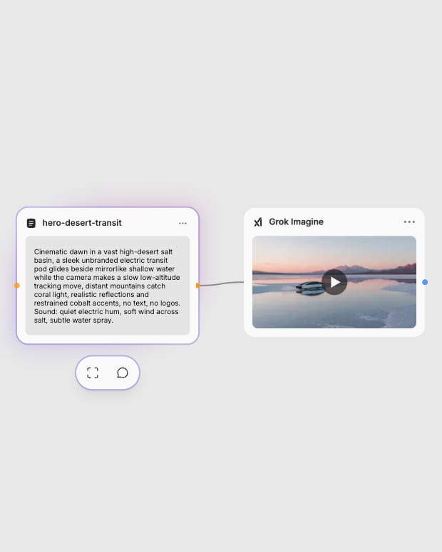 Grok Imagine workflow connecting a detailed transit-pod prompt to the video generator.