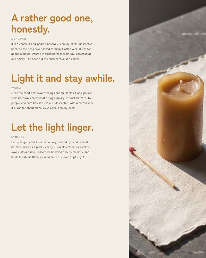 Three amber taglines with deadpan, warm and lyrical copy for a beeswax candle, beside a tall crop of the candle and a match