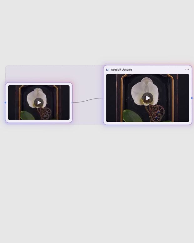 A low-resolution clockwork orchid video connected to the SeedVR Upscale node in Fuser.