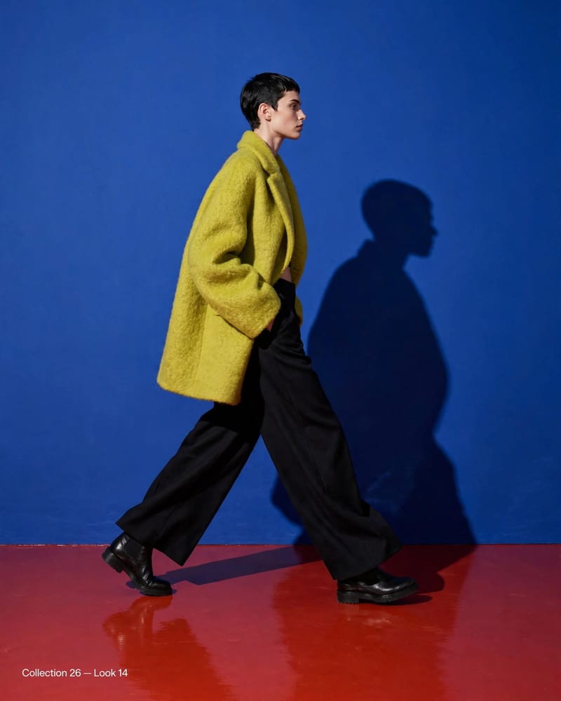 Fashion campaign: woman in a chartreuse coat striding past an ultramarine wall on a red floor, small Look 14 caption