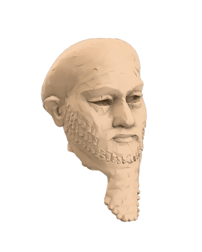 Neutral clay render of the Met’s ancient Head of a ruler scan, remeshed to 8,000 polygons with Meshy.