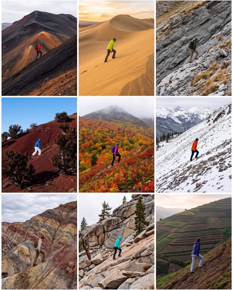 Nine-frame outdoor concept board showing hikers across mountains, desert dunes, autumn landscapes and snow.
