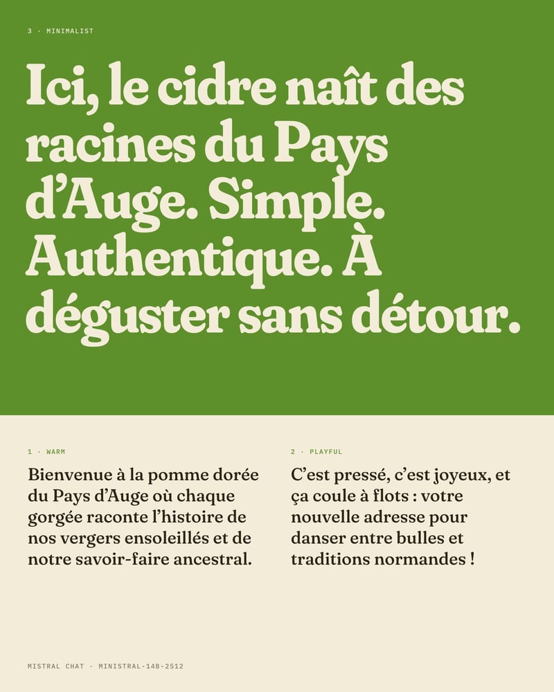 Three French taglines for a Pays d’Auge cider house, the minimalist one set large on apple green, warm and playful below