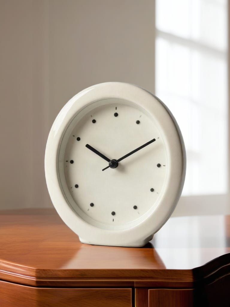 Cream tabletop clock on a walnut console with natural window light and shadow falloff.