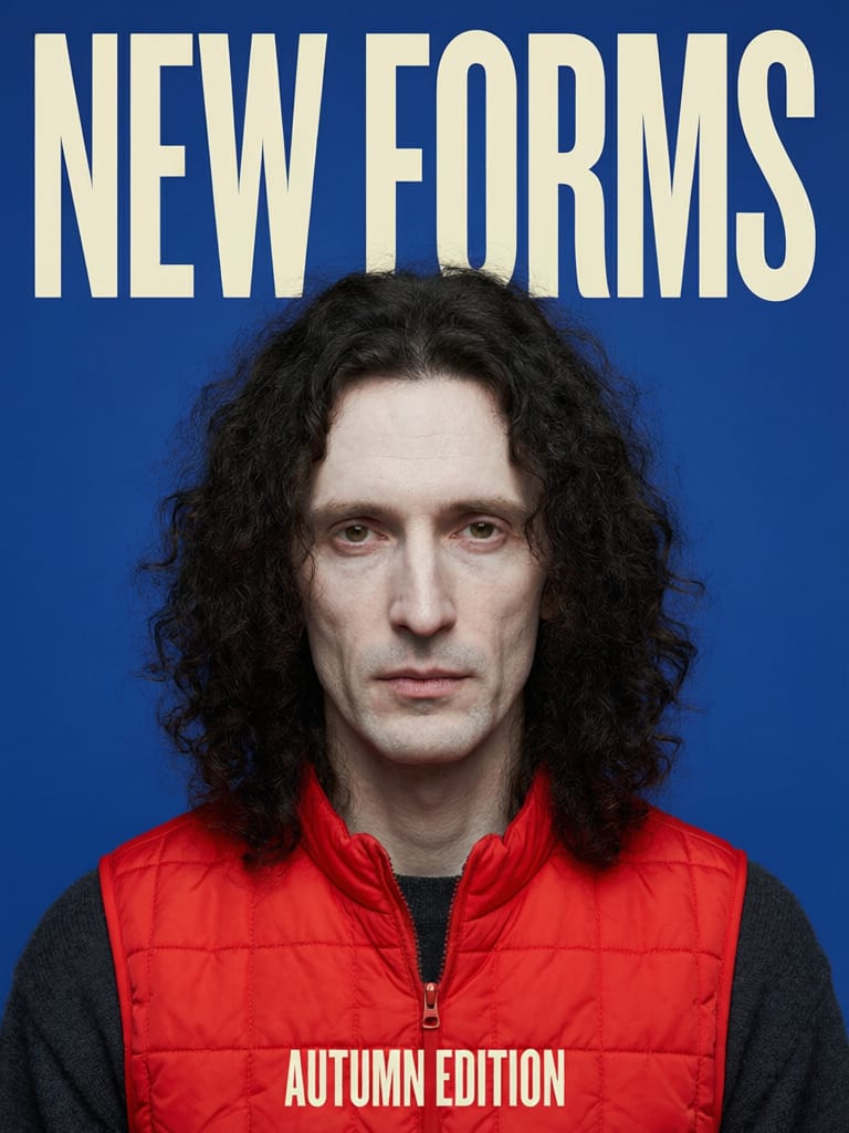 Fashion poster with a curly-haired man in a red vest and NEW FORMS headline.