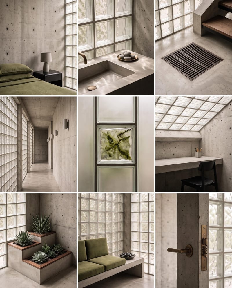 Nine-panel interior concept board with concrete surfaces, glass-block windows and muted green furnishings.