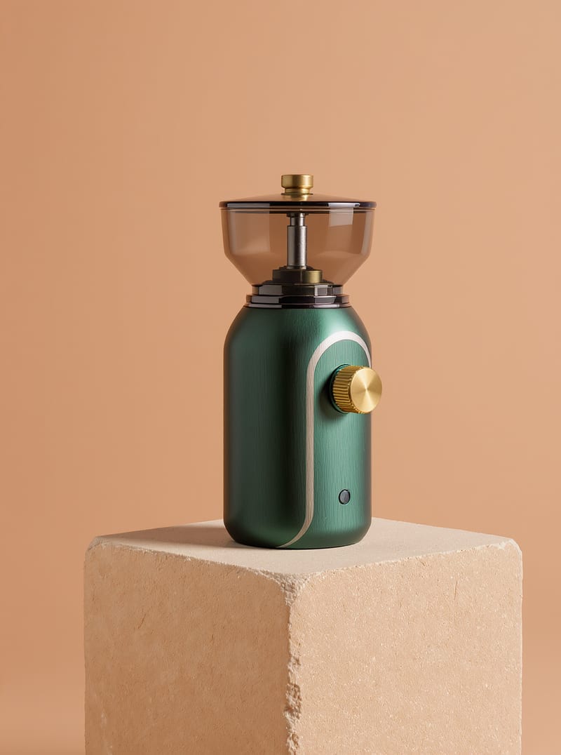 Forest-green and brushed-metal coffee grinder on a pale stone plinth.