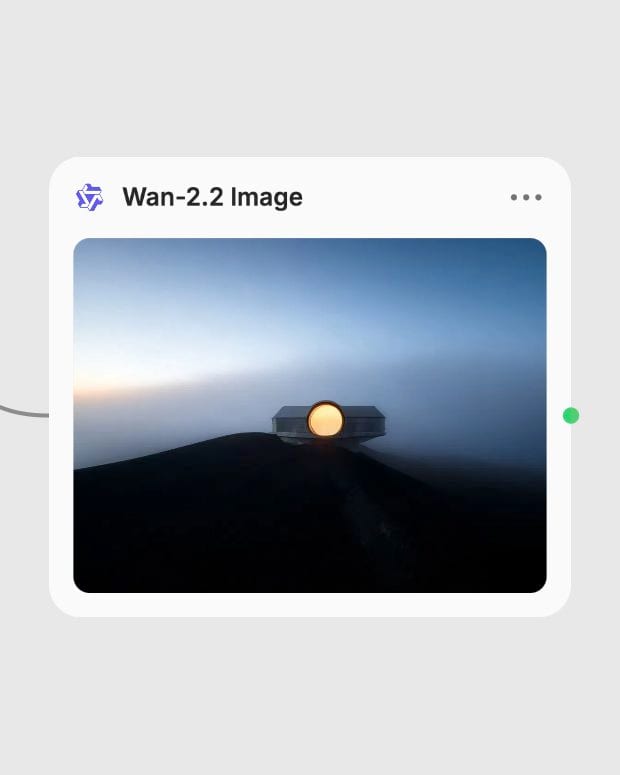 Completed Wan-2.2 Image node in Fuser showing a glowing observatory in fog.