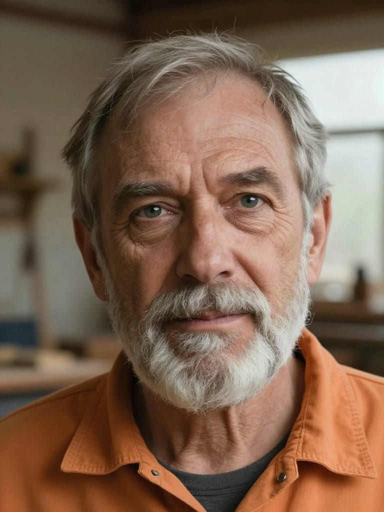 Skin Enhancer portrait of an older silver-bearded man in an ochre work shirt.