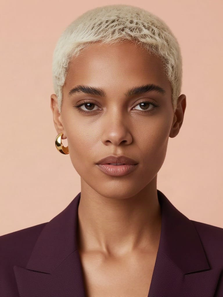 Skin Enhancer fashion portrait of a woman with a platinum buzzcut and a plum jacket.