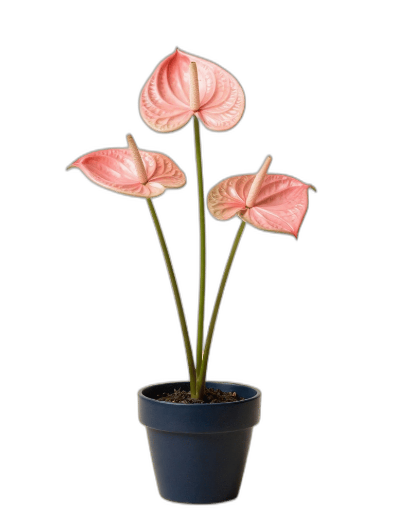 Pink anthurium flowers and navy pot isolated with transparent space between the stems.