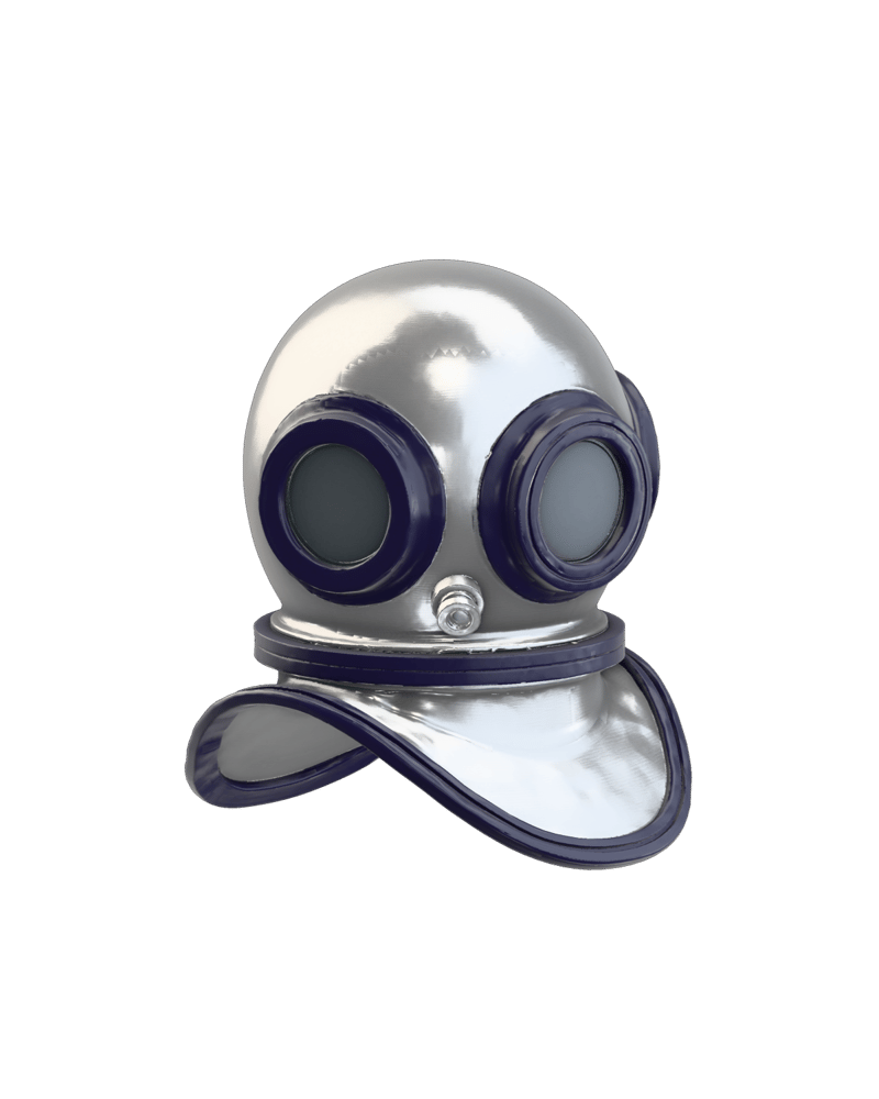 premium silver and indigo diving helmet collectible, clear small face window, brushed titanium, rubber seals — rendered from a native meshy 3D generation