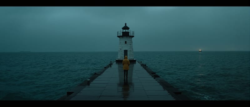A solitary figure in a mustard raincoat beneath a lighthouse on a wet pier at dusk, generated as a 21:9 film still.