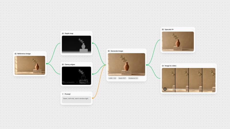 Fuser canvas labelled with glossary terms: reference image, depth map, Canny edges, prompt, generation with LoRA, seed and guidance, upscale and image to video.