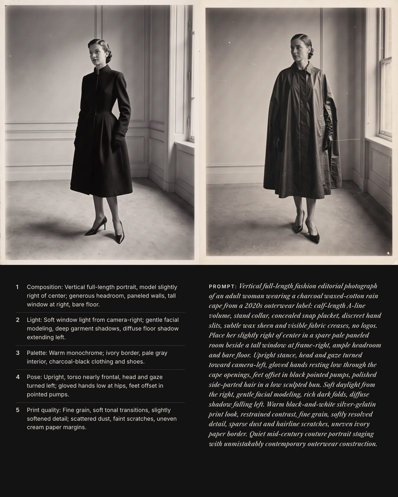 1950s couture coat photo next to a matching rain-cape recreation, above the five-line critique and the prompt