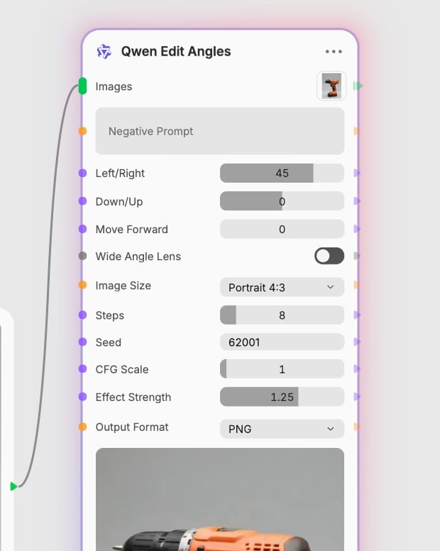 Actual Qwen Edit Angles controls showing 45-degree horizontal rotation, eight steps and native image settings.