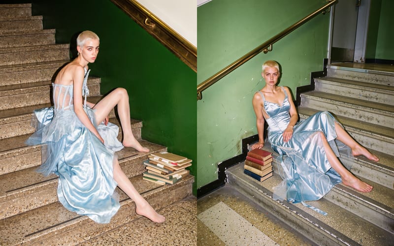 Same prompt in Krea 3 (left) and FLUX.3 Image (right): a model with a bleached buzz cut in an ice-blue satin and tulle gown on library stairs.