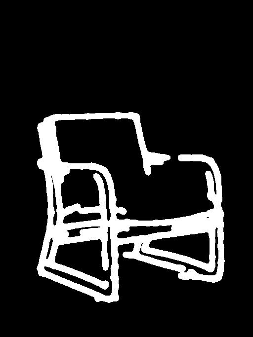 White lounge-chair outline on black, extracted by Scribble Detection using PiDiNet.