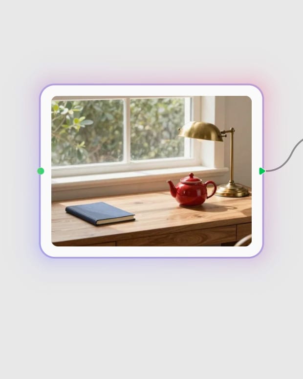 A red teapot and blue notebook uploaded to a Fuser image node for Moondream analysis.