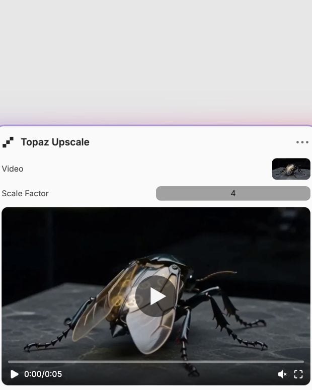 Close-up of the real Topaz Upscale node showing the connected video thumbnail and Scale Factor set to 4.