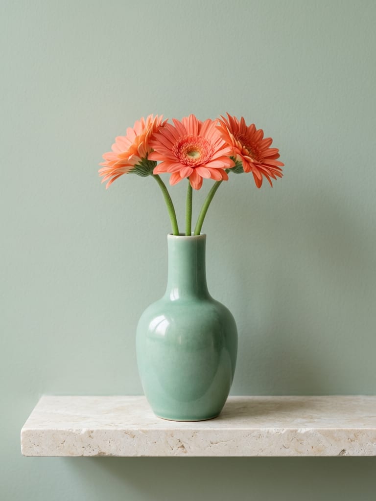 Three coral gerbera flowers composed into a mint-green ceramic vase on a stone shelf.