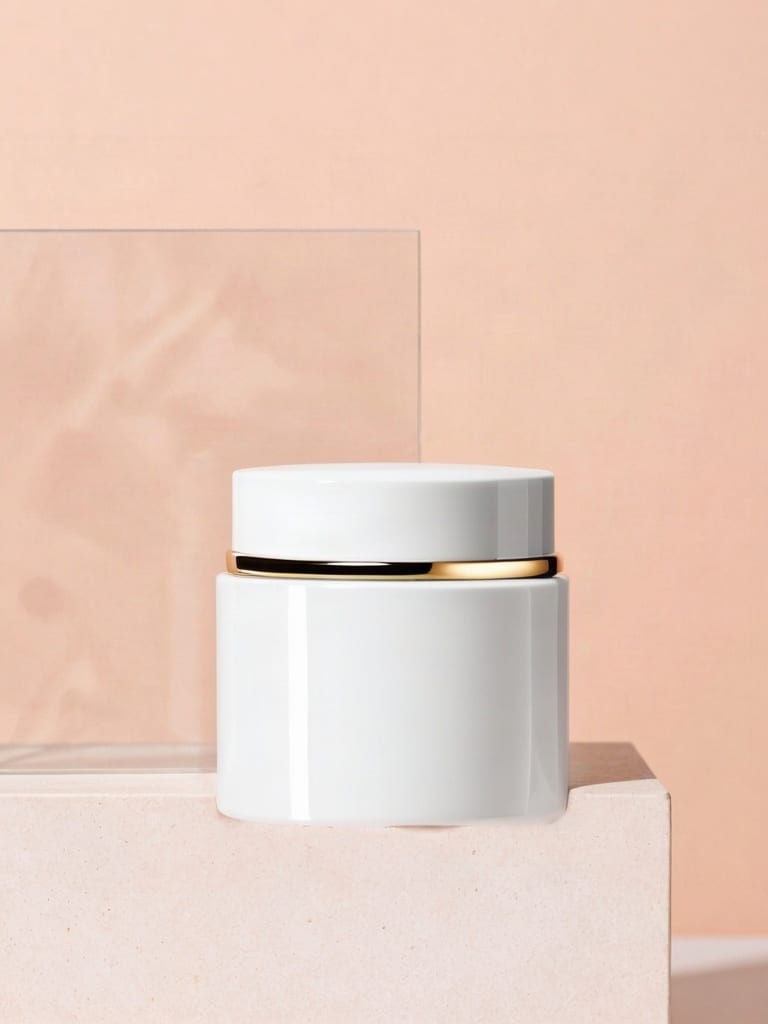 SDXL Inpainting reshapes a cosmetic jar with faceted sides and a polished gold band on a pink pedestal.