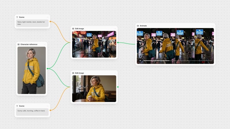 Fuser canvas: one character reference feeds two image edits in new scenes, and the night-market shot is animated into a video clip.