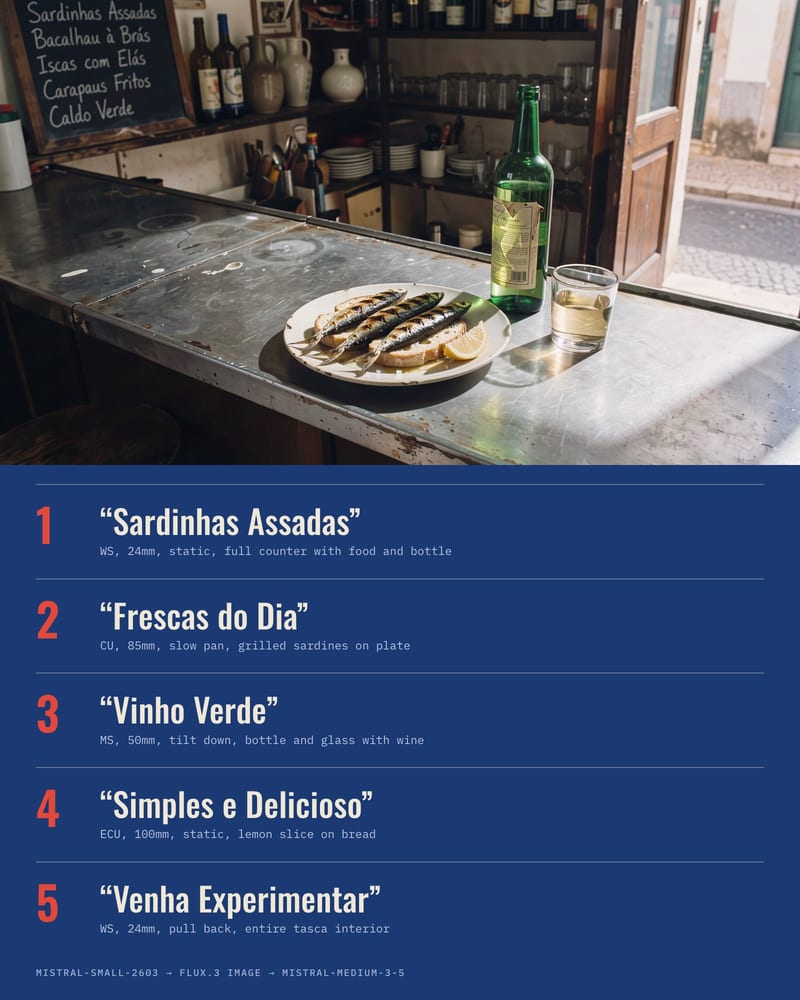 Photo of grilled sardines, a green vinho verde bottle and a glass on a zinc tasca counter above a blue five-shot list in Portuguese