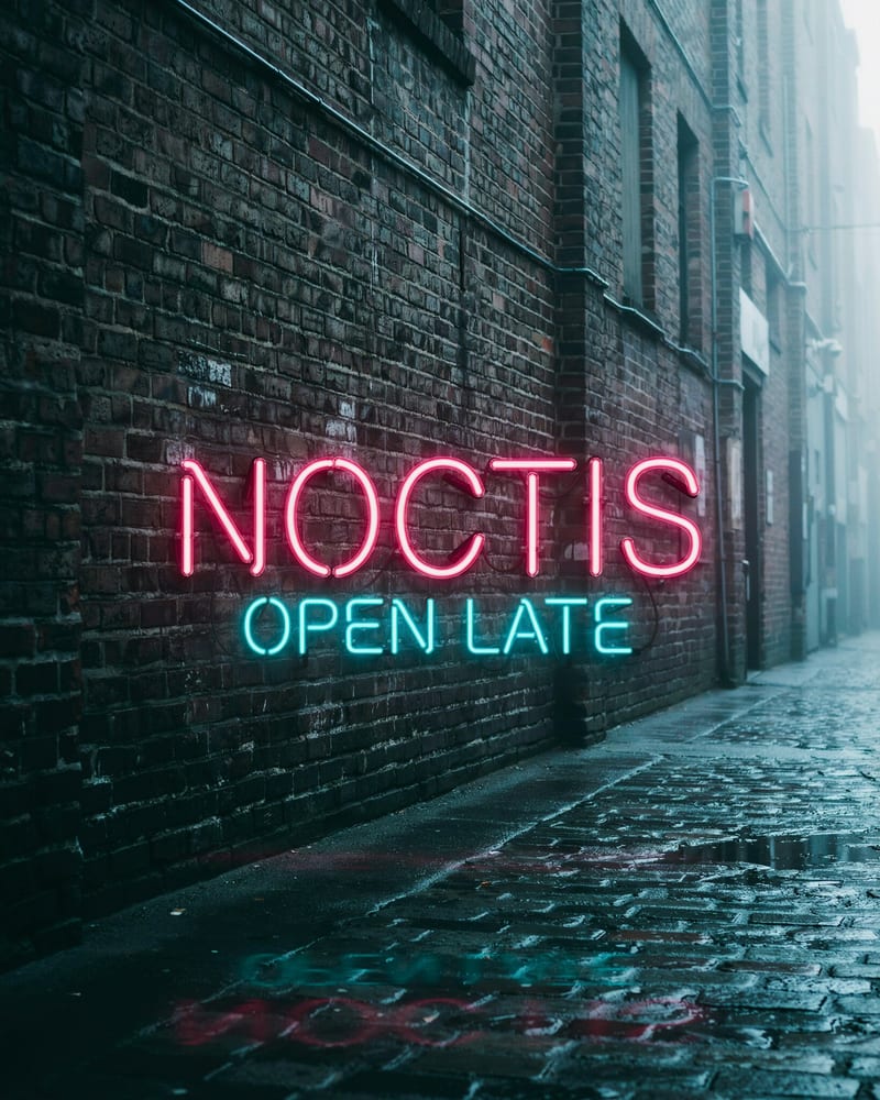 Foggy rain-soaked brick alley at night with a pink neon sign reading NOCTIS above cyan neon reading OPEN LATE, glow reflected on wet cobblestones