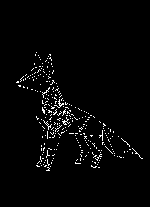 Actual Canny edge map of the folded-metal fox photographed on coral ground.