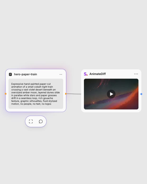 AnimateDiff workflow connecting a paper-cut desert prompt to the video generator.