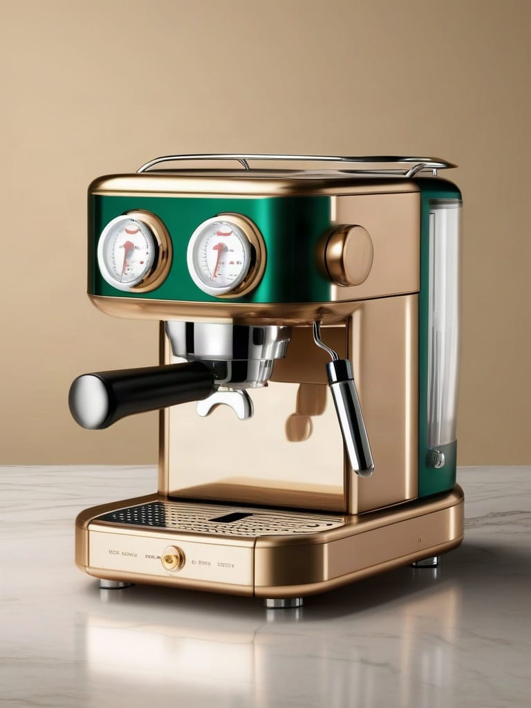 Bronze and emerald espresso-machine render made by SDXL Canny ControlNet from a dedicated HED edge map.