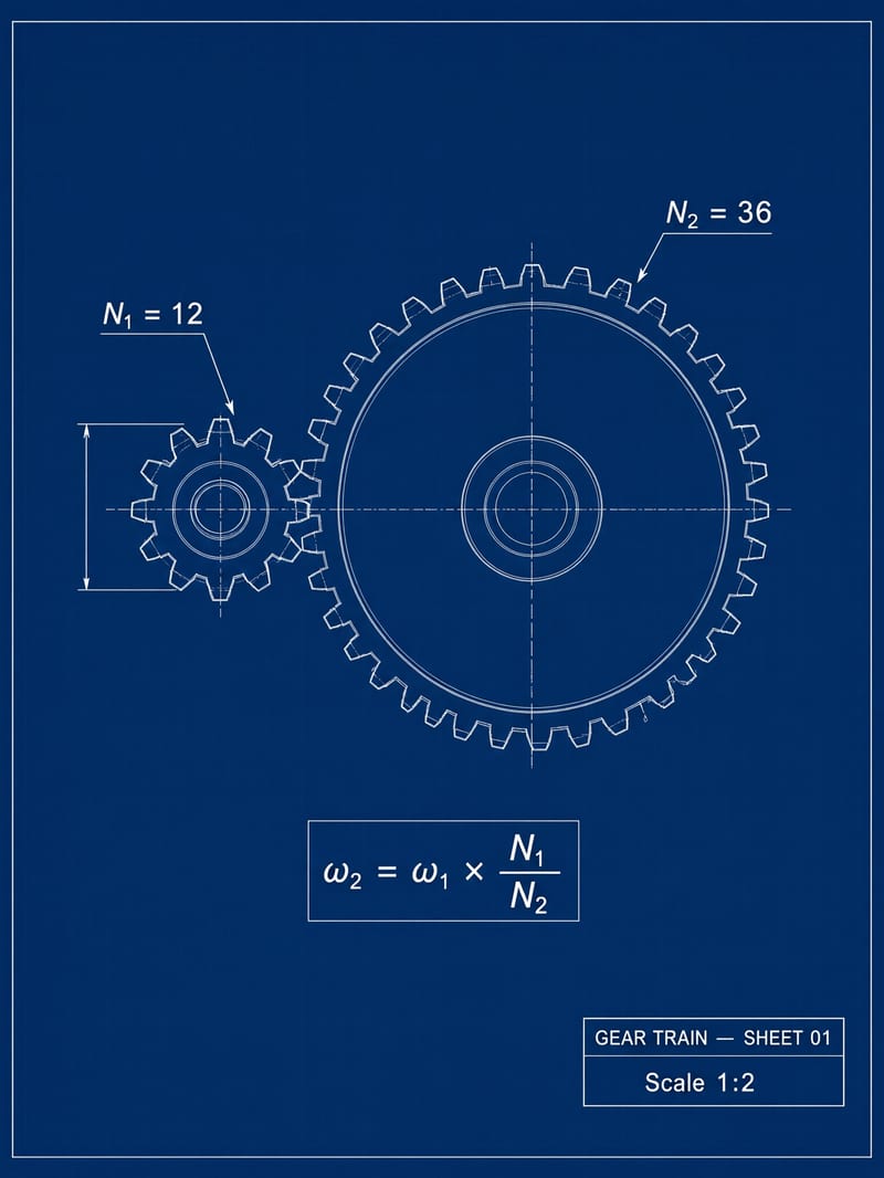 Blueprint drawing of two meshing gears labeled N1 = 12 and N2 = 36, a boxed gear-ratio formula, and a title block reading Gear Train Sheet 01