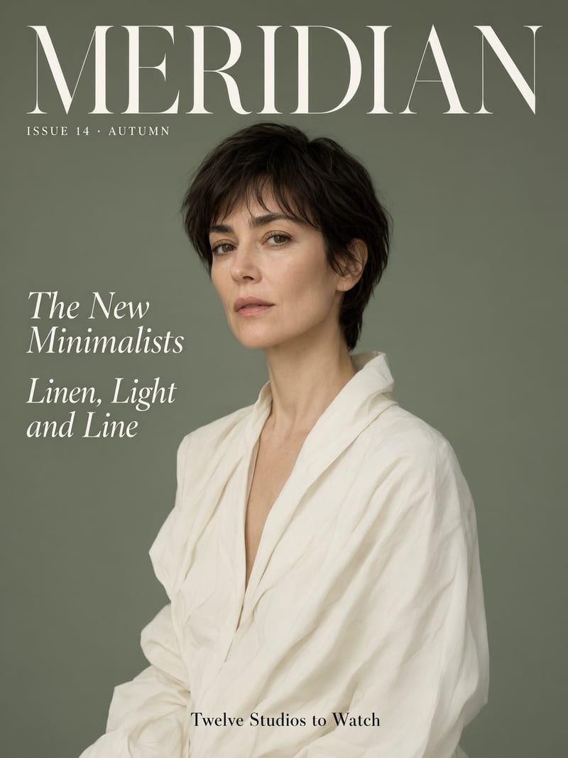 Magazine cover with a Didone serif MERIDIAN masthead, a woman with short dark hair in an ivory blouse on sage green, and italic serif cover lines