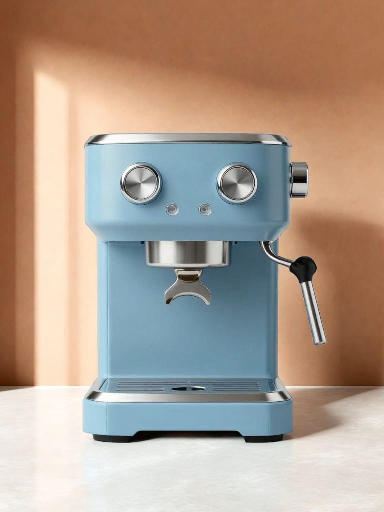 Powder-blue espresso machine staged against a peach backdrop guided by the supplied architectural reference.