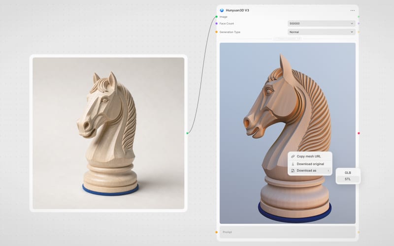 Fuser canvas: a chess knight photo wired into Hunyuan3D V3, its 3D model open with the Download as STL menu.