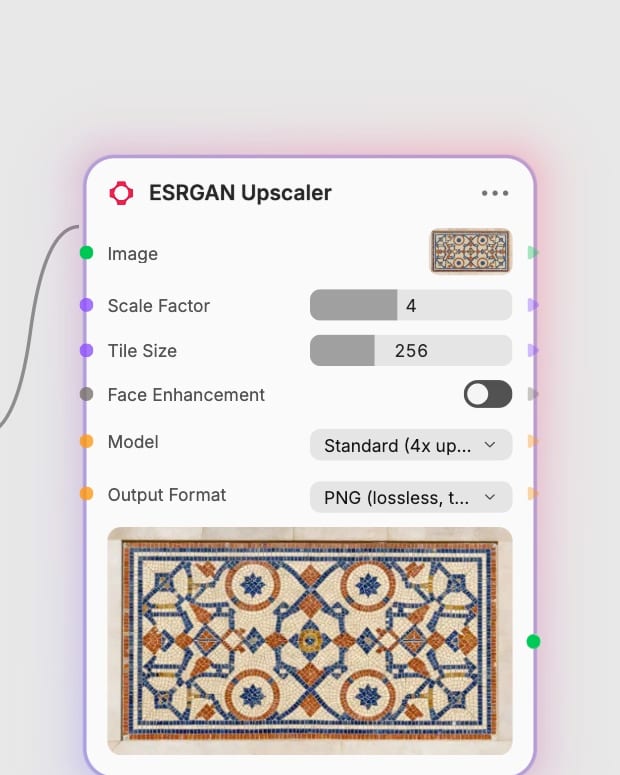 Actual ESRGAN controls showing four-times scale, tile size 256, the network selector and face-enhancement toggle.
