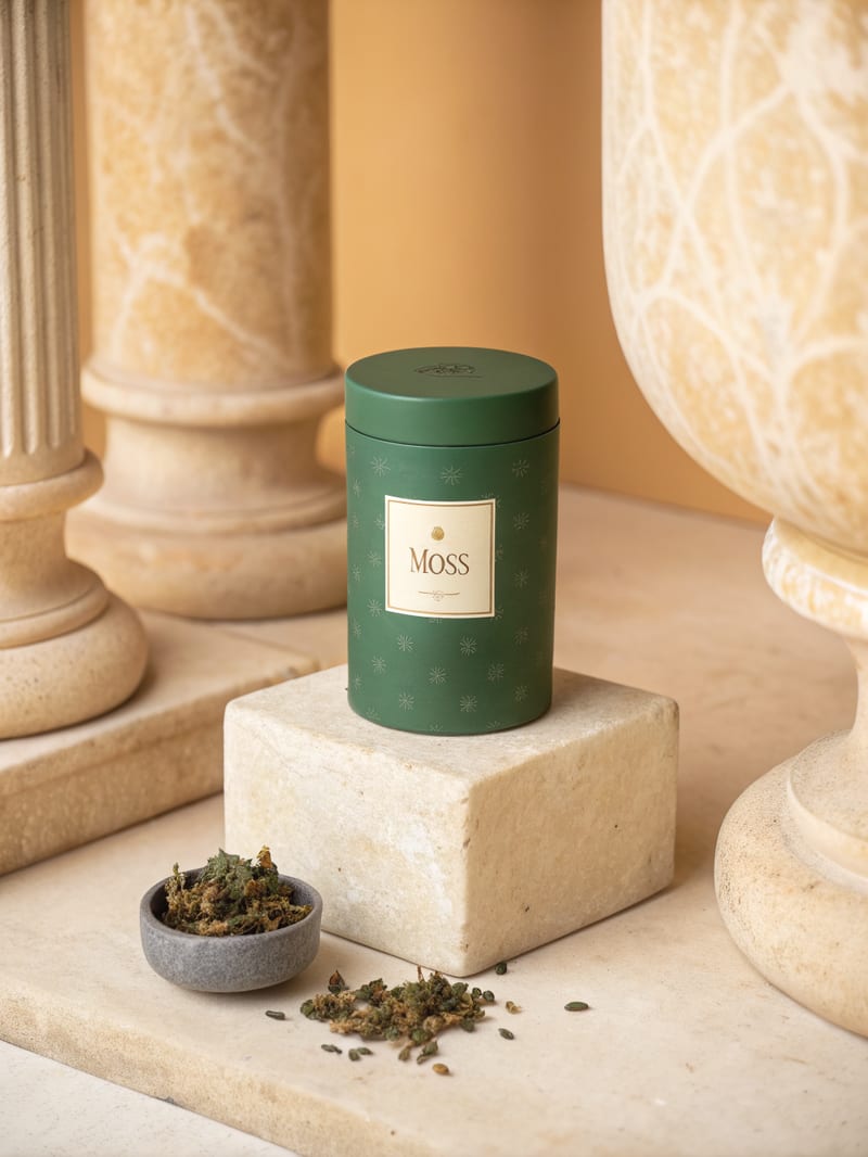 Emerald MOSS tea tin on a pale stone pedestal.