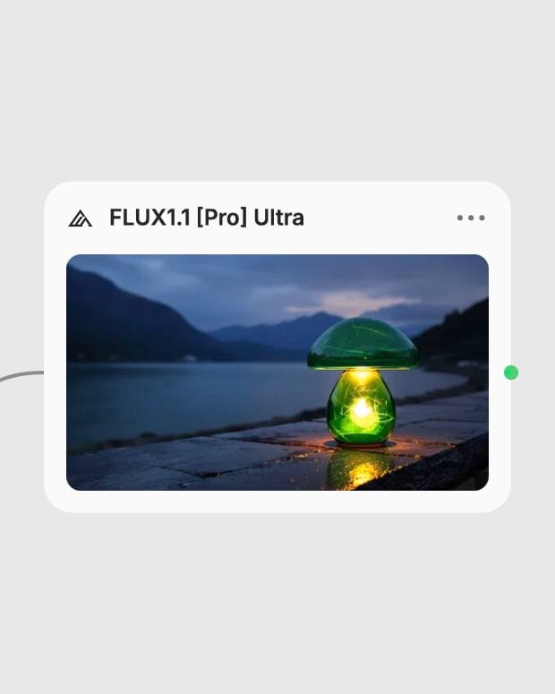 Completed green glass lamp image displayed in the FLUX1.1 Pro Ultra node.