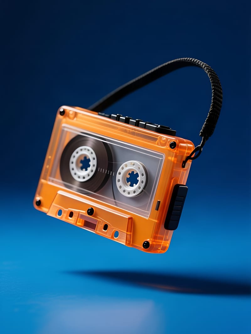 Amber cassette player commercial concept enlarged with Recraft Upscale.