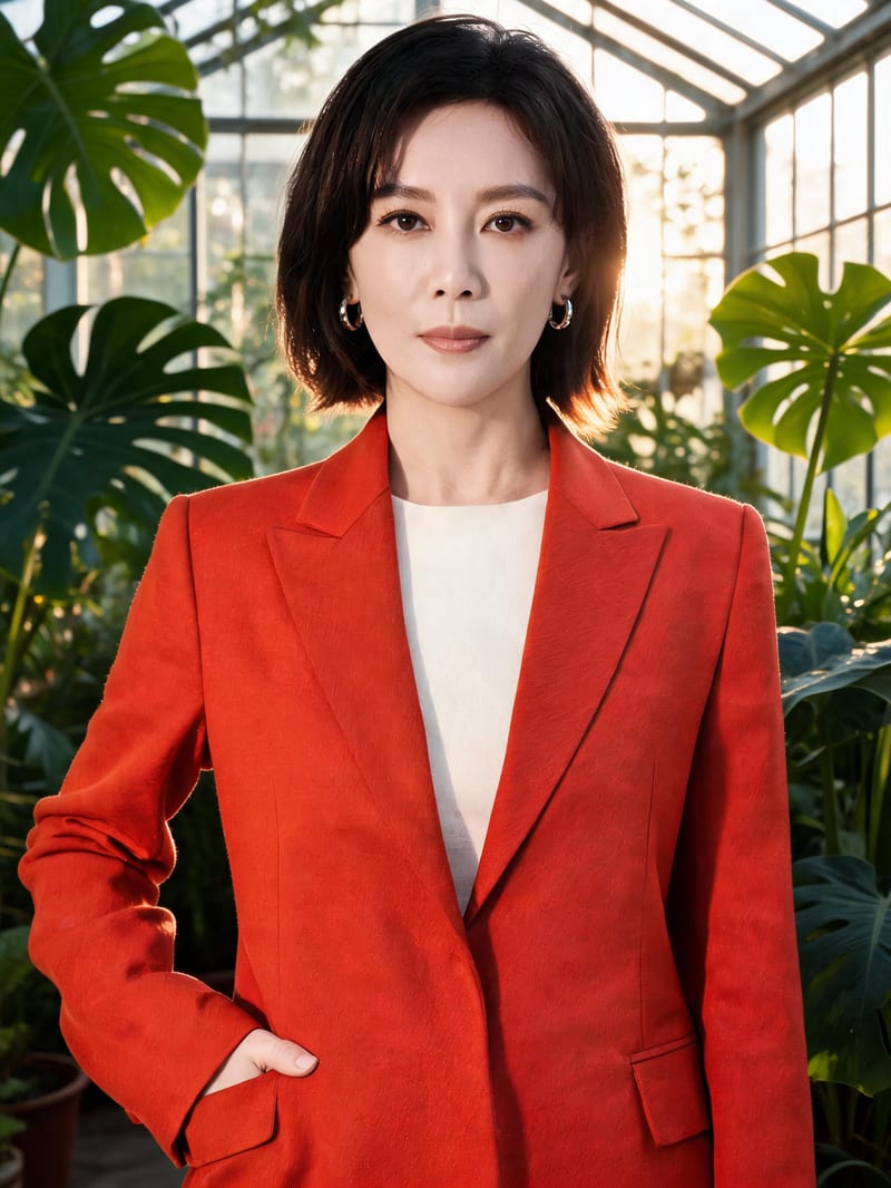 Seedream 5.0 Lite Edit replaces the fashion portrait background with a leafy conservatory while retaining the woman and vermilion jacket.