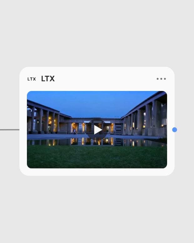 LTX result node showing a blue-hour cinematic glide through a concrete courtyard.