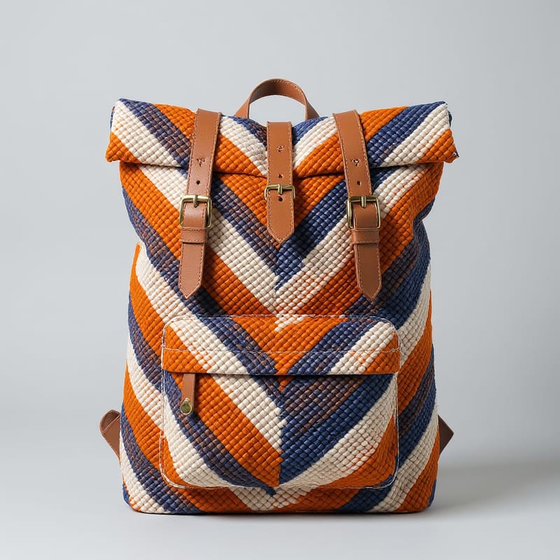 Roll-top backpack restyled with the orange, ivory and indigo chevron reference textile.