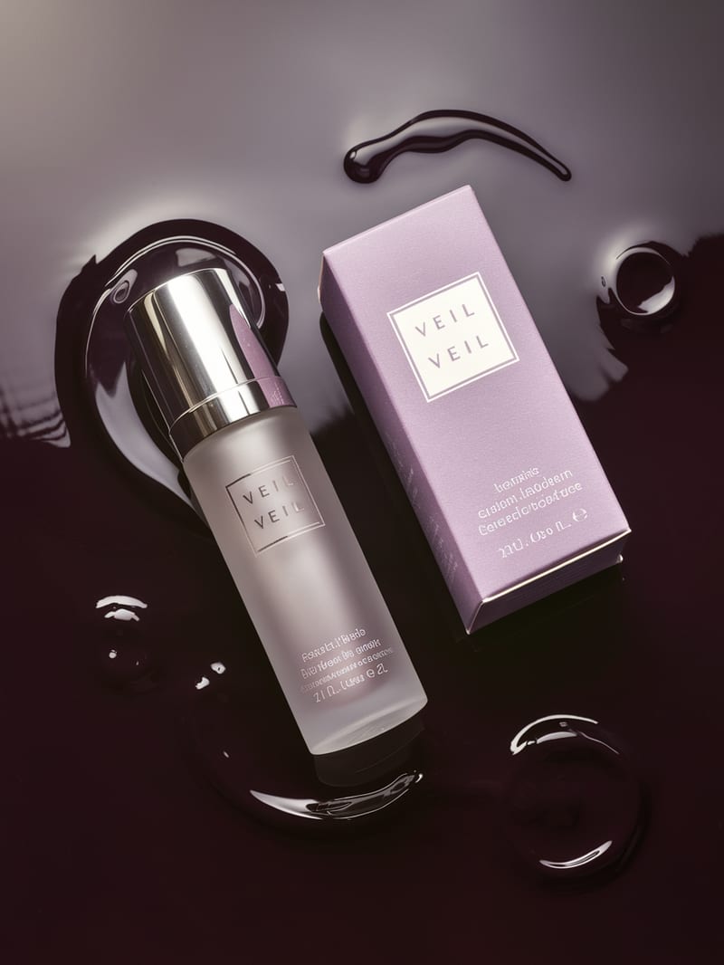 Lavender VEIL serum bottle and carton arranged on dark burgundy lacquer.