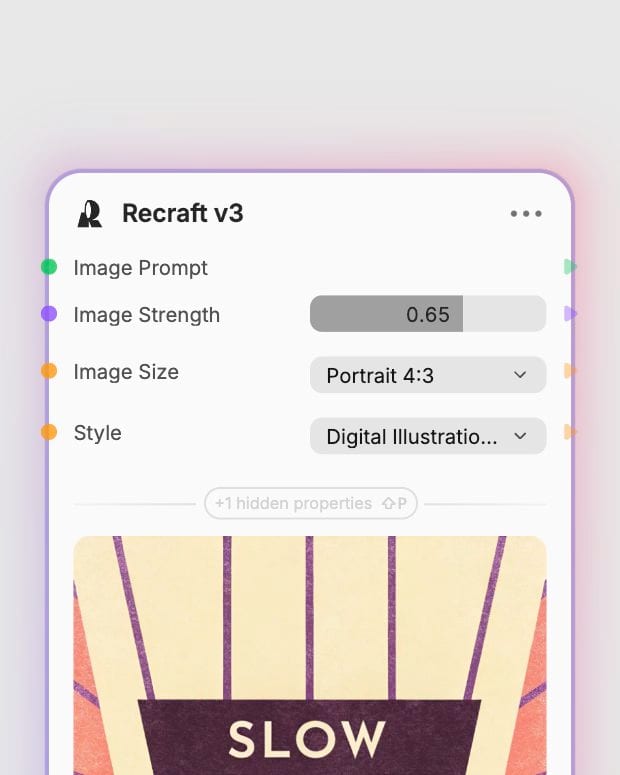 Real Recraft v3 node controls showing portrait image size and a digital illustration style.