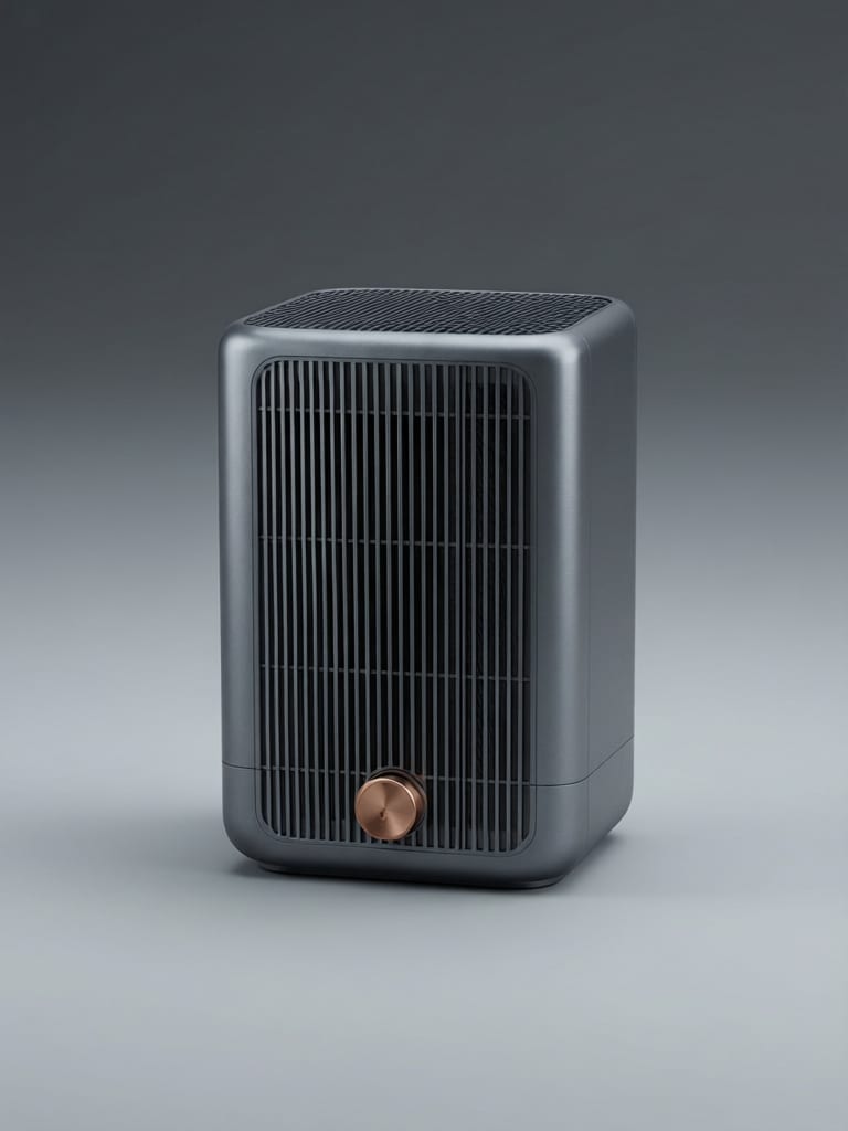 Graphite desktop air purifier with a copper dial.
